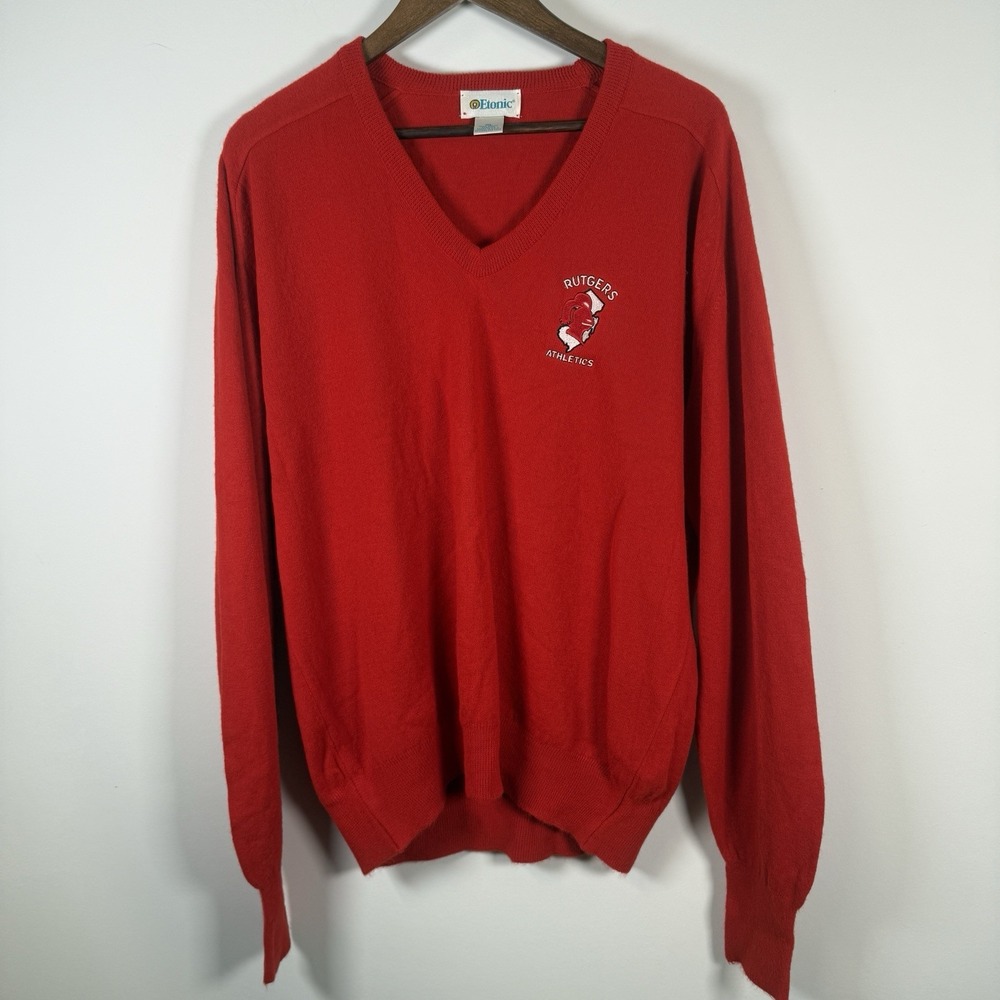 Rutgers Athletics V-Neck Sweater‎ Knit Red College Logo Size XL Etonic